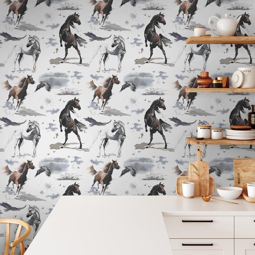 White/Black/Grey Horses Animal Watercolor Abstract Art Peel and Stick Wallpaper Easy Peel Off Contact Paper Stick on Adhesive Wall Paper for Bathroom Waterproof Renter Friendly