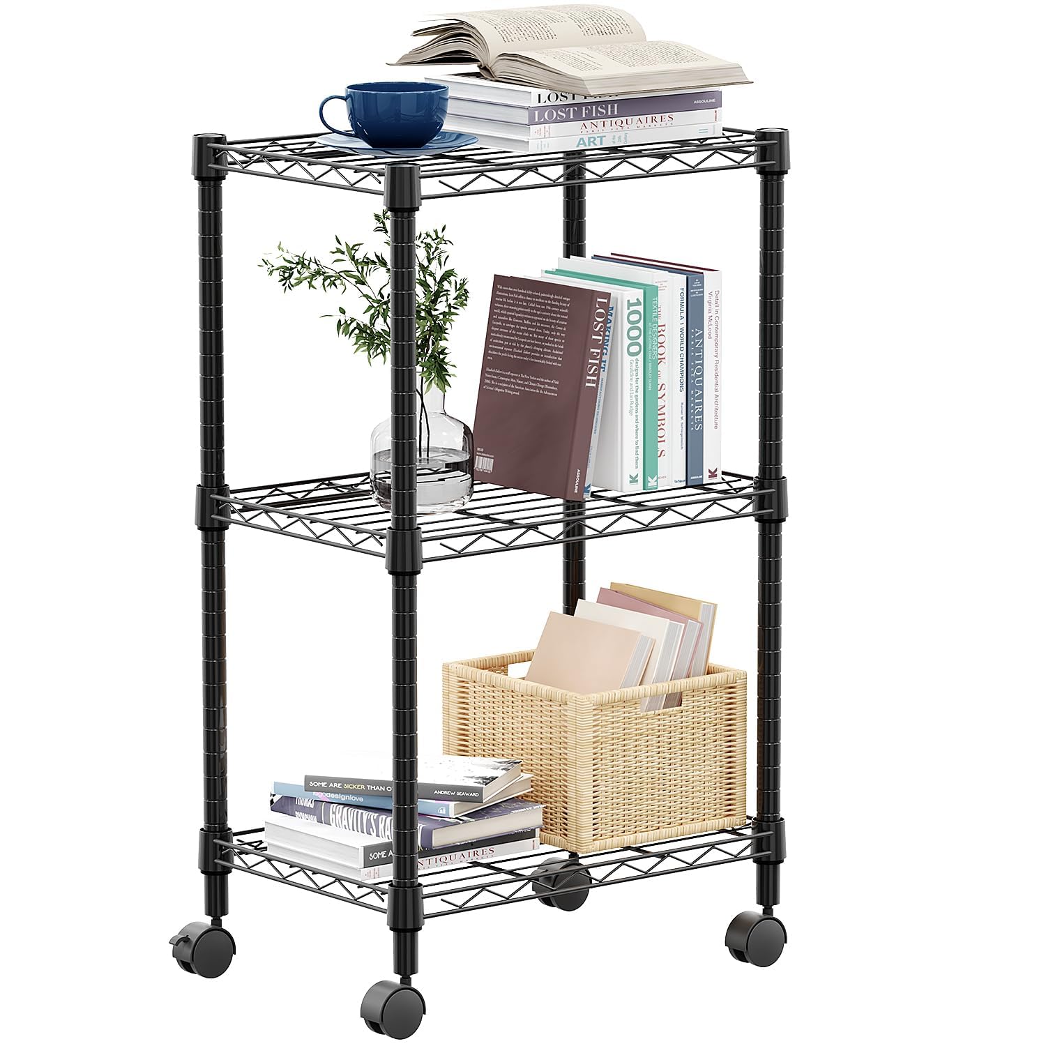 MZG 3 Tier Shelf Metal Storage Shelves Wire Rack Closet Organizers with Wheel for Garage Kitchen Bathroom Laundry Black 30x45x75.7cm — image 1