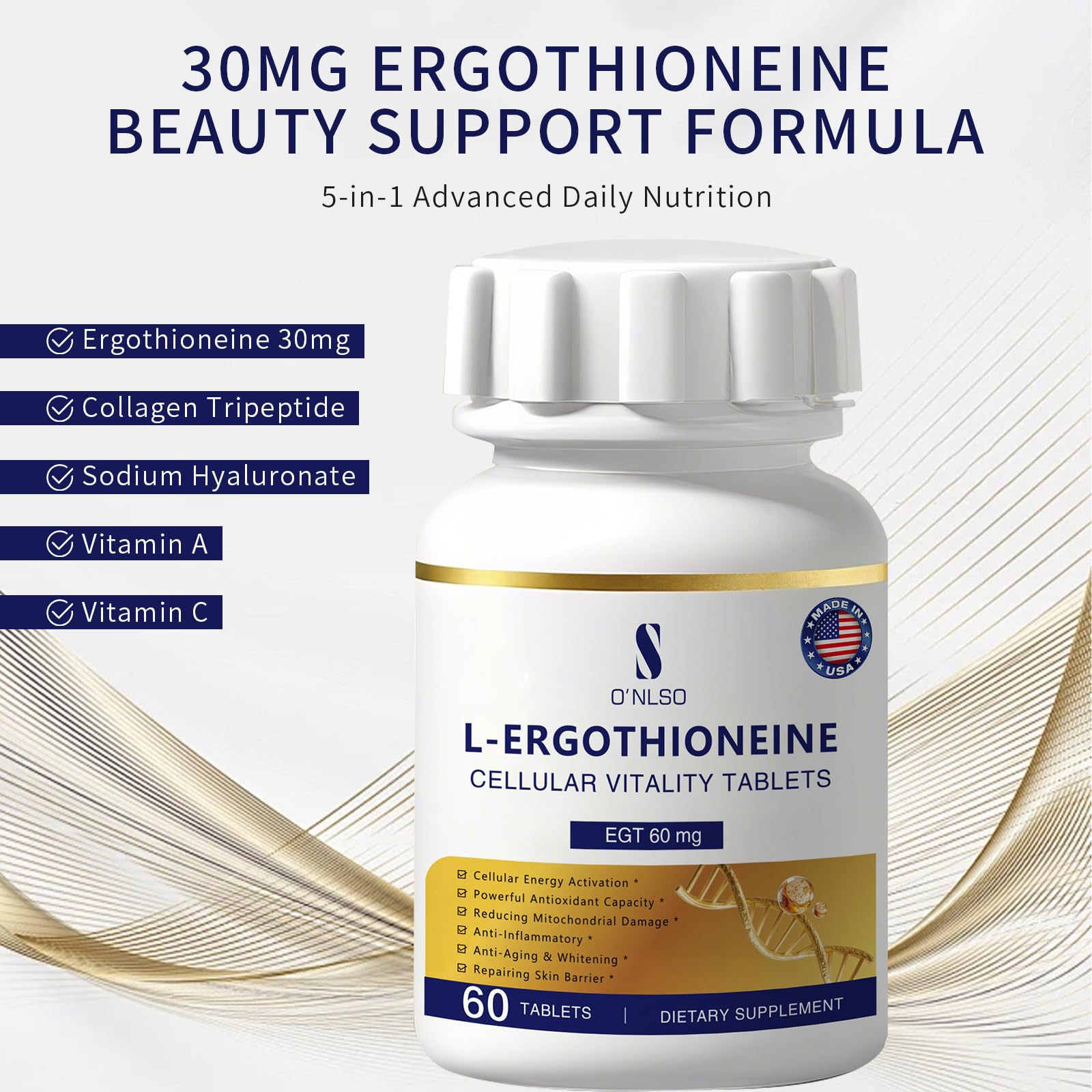 O'NLSO L-Ergothioneine Supplement 30mg with Collagen Tripeptide 720mg, Healthy Aging & Anti Aging Support, Antioxidant Formula for Skin Brightening & Cellular Vitality, Made in USA, 60 Tablets — Amazon image 3