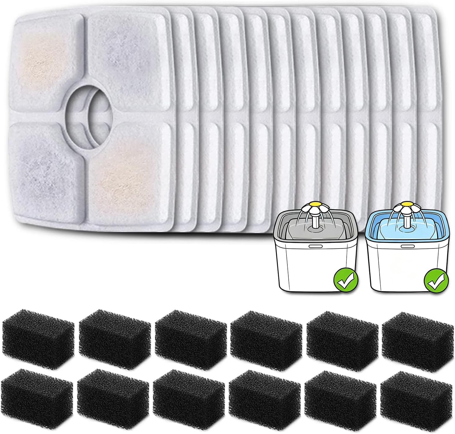 12 Pack Replacement Filters & 12 Pack Pre-Filter Sponges for Veken 84 oz / 2.5L Automatic Pet Water Fountain, Triple Filtration Cat Fountain Replacement Filter