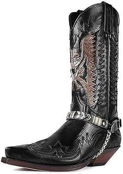 DJFOG Men's Retro Embroidery Western Cowboy Boots Water Resistant Mid-calf Boots Pointed-Toe Harness Motorcycle Boot
