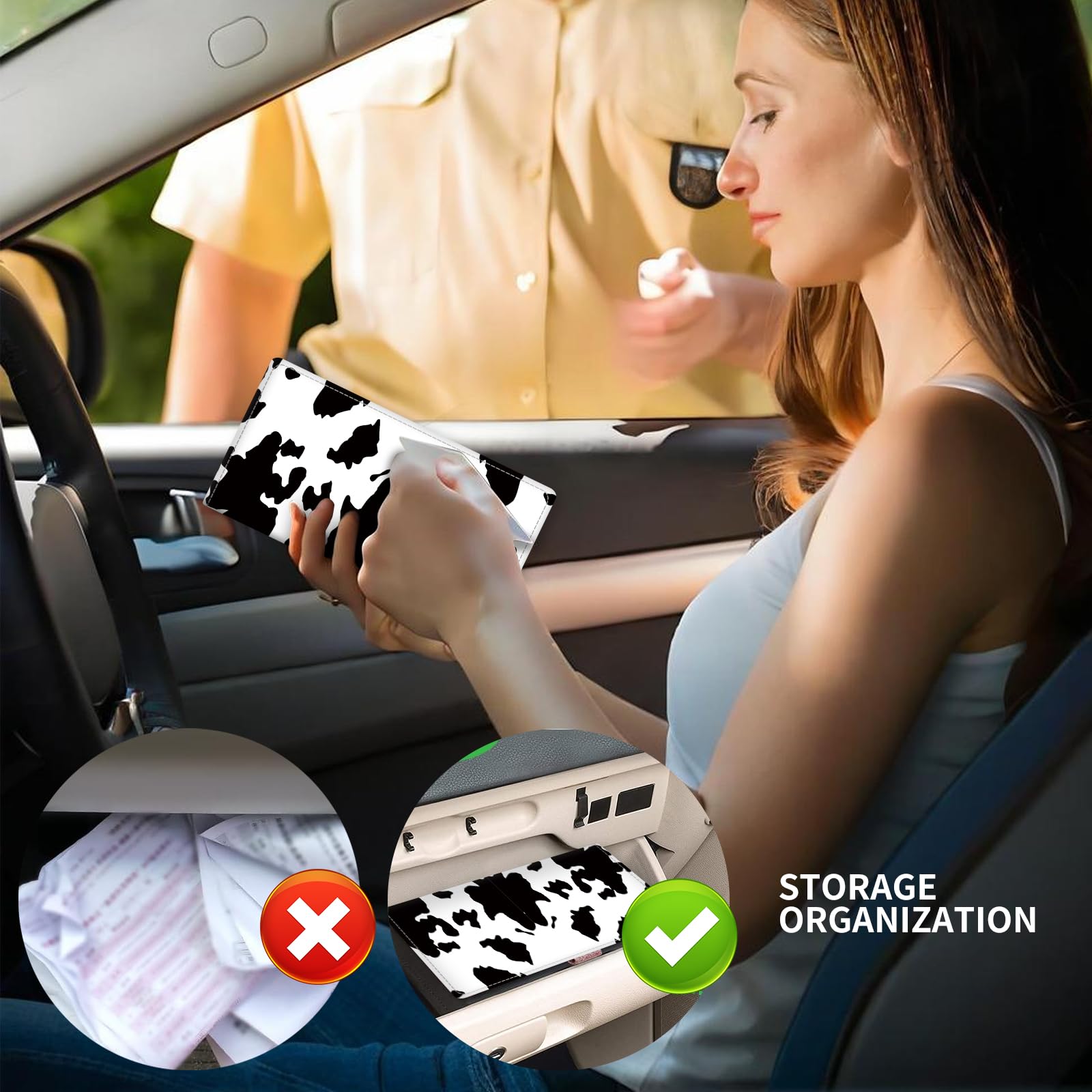 Porta carte di registrazione e assicurazione per auto, in pelle, accessori per auto, portaoggetti per auto, organizer per documenti, carte, patente, mucca bianca e nera