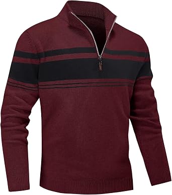 MAGNIVIT Mens Sweater Quarter Zip Striped Pullover Fall Winter Spring Color Block Polo Sweatshirts