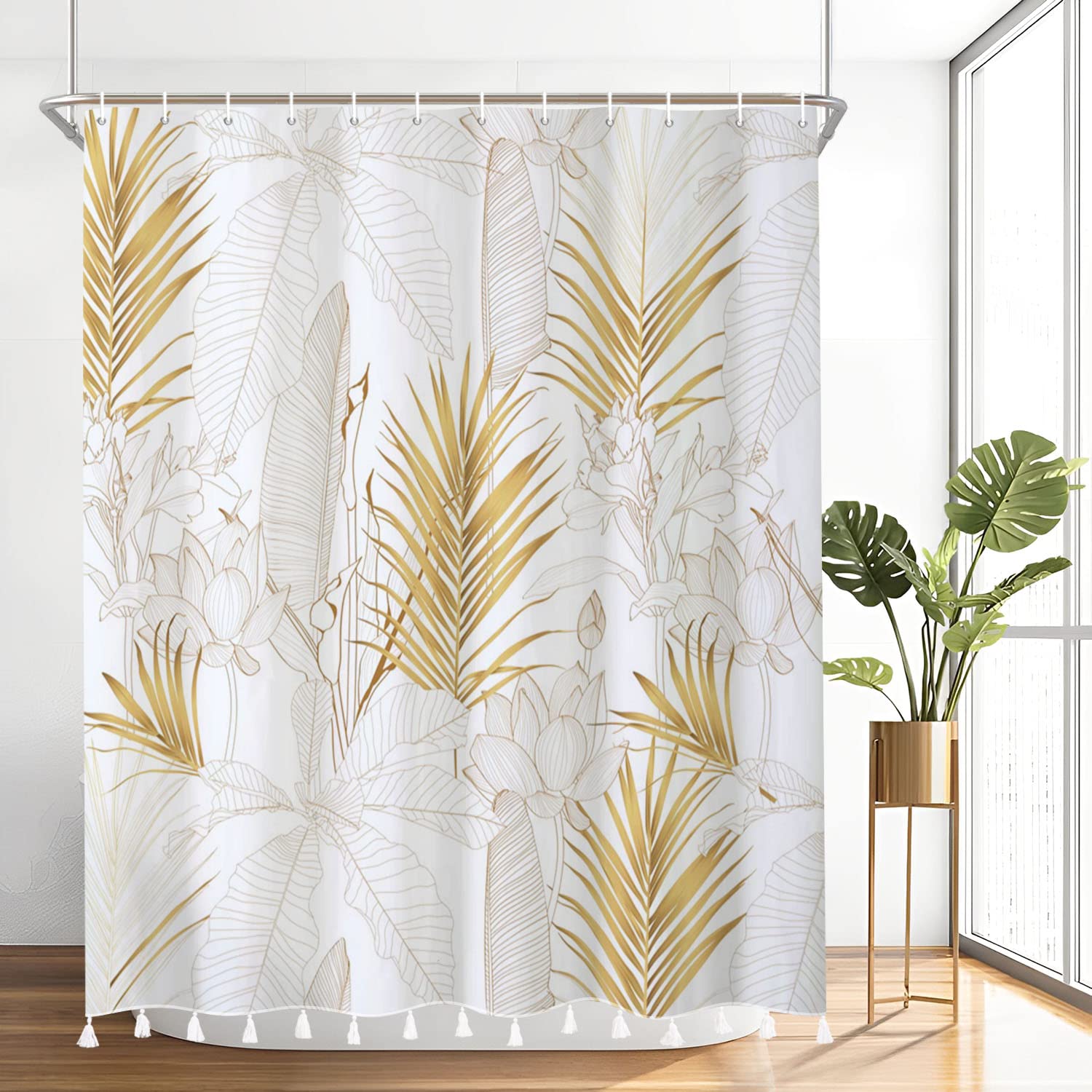 183x213cm Cortina de Baño Bohemia Impermeable Cortina de Ducha de Arte Abstracto Planta Tropical de Medio Siglo Cortinas de Ducha Lavables para Bañera con Gancho — view 46
