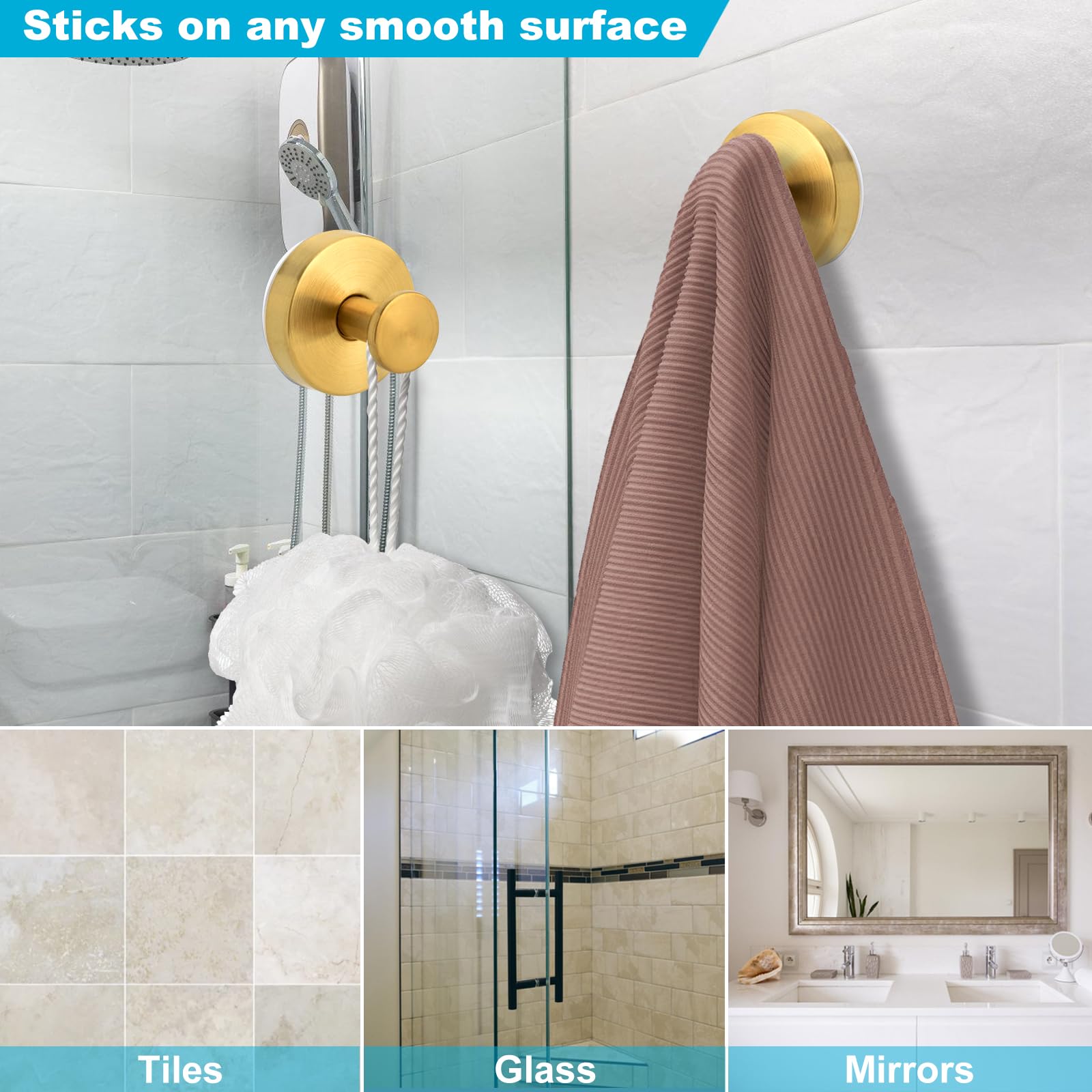 Ganchos con ventosa para ducha, ganchos de toalla para baño, cocina, puerta de cristal, espejo, azulejos, lufa, toalla, ganchos para colgar hasta 15 libras, oro cepillado (2 paquetes)