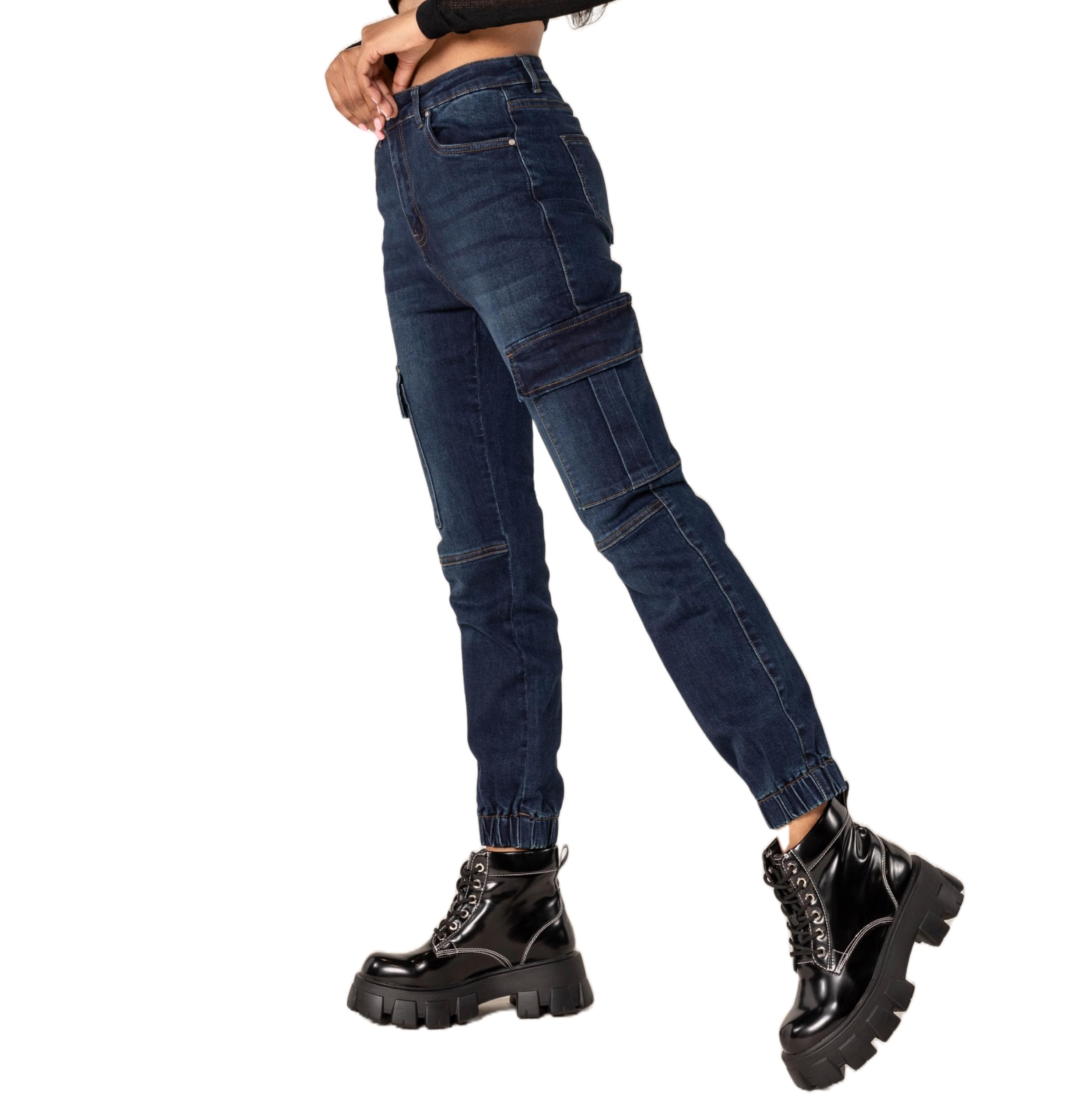 Nina Carter P219 Pantalones vaqueros cargo para mujer, cintura alta, corte relajado, puños elásticos, aspecto desgastado