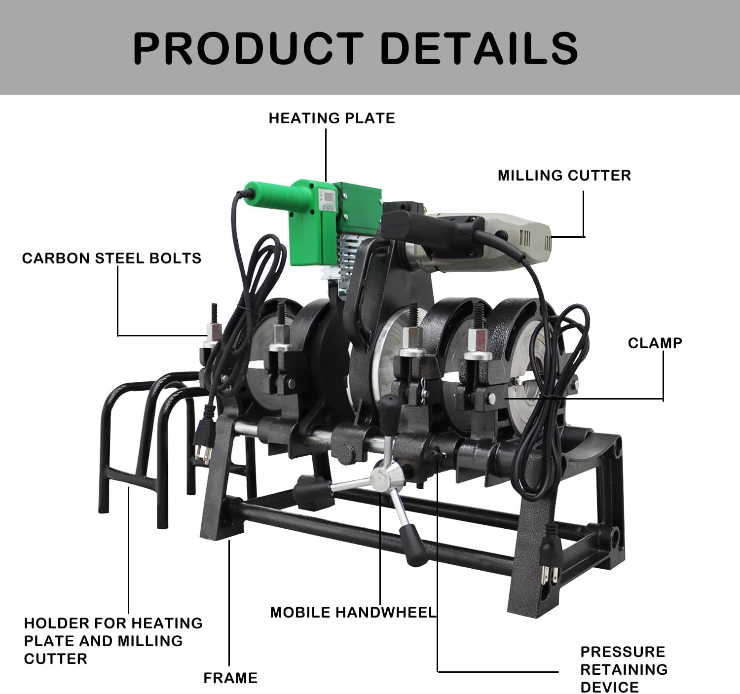 Pipe Welding Machine 4 Clamps Electric Pipe Fusion Welder 2.48"-6.30" for PE PPR PVDF PB Aluminum Alloy Casting Pipe Butt Fusion Welding Machine