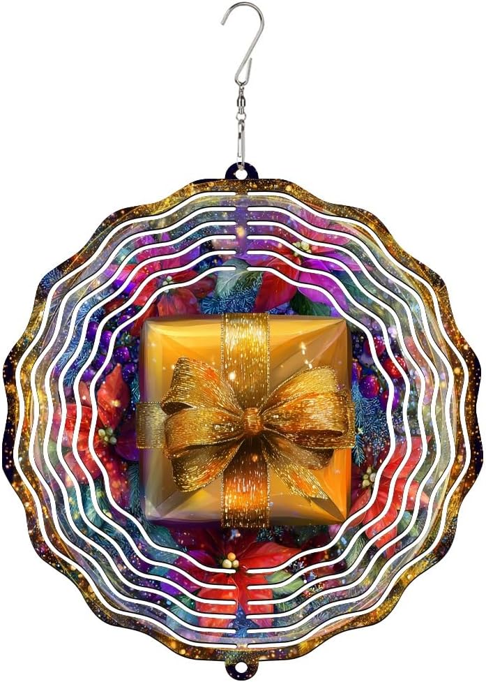 Gift Box Wind Spinner, Festive Colorful Bow Flowers Christmas Gold Metal Kinetic Wind Sculptures Outdoor Ornaments for Garden Patio Porch Balcony Home Decor 12 Inch