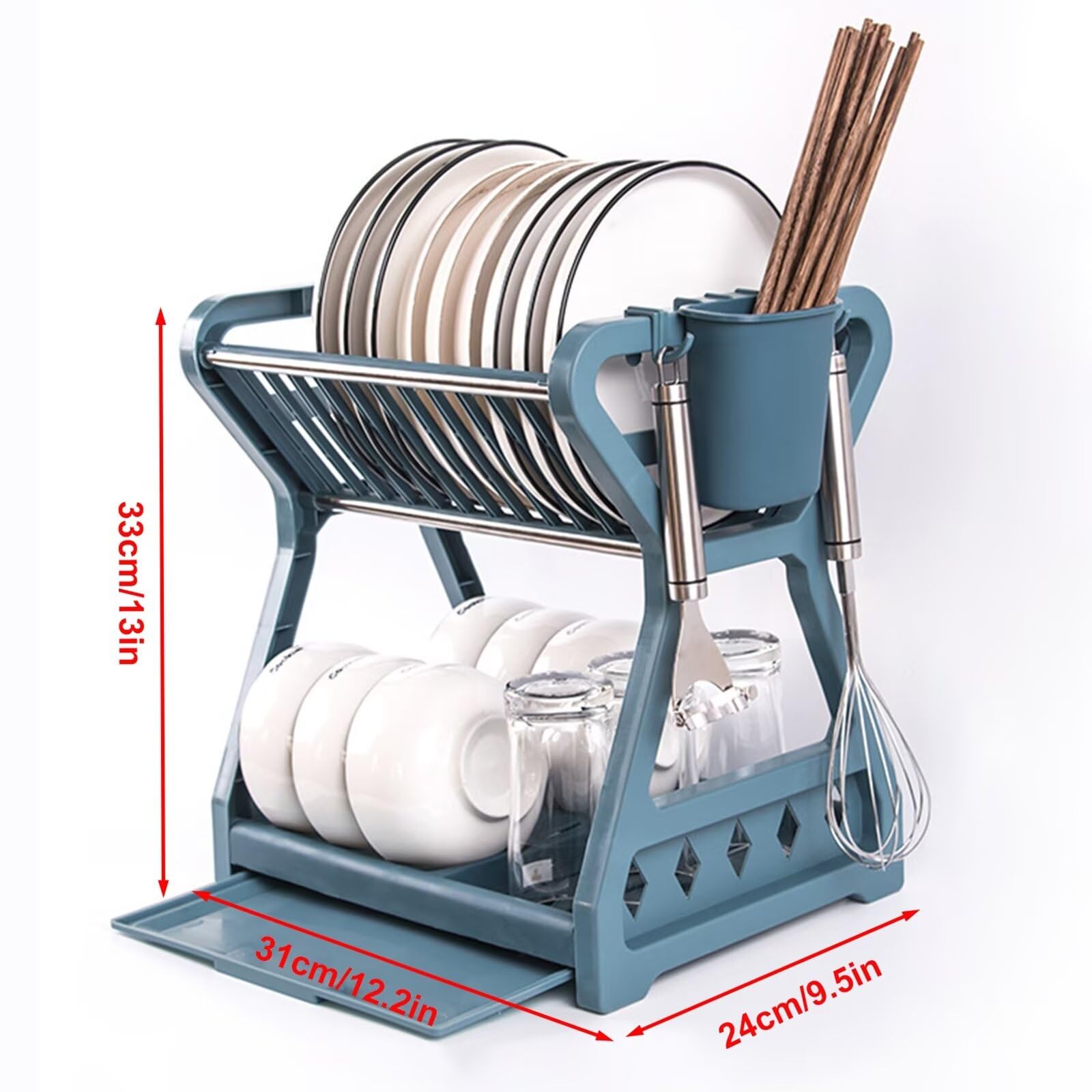 Escurridor de Platos para Encimera de Cocina, Escurreplatos de PP 2 Niveles con Desagüe, Set Escurreplatos Fregadero para Cubiertos y Vasos con Soporte de Vajilla y Tazas