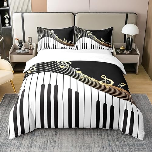 Juego de funda de edredón de 100 % algodón, tamaño matrimonial, teclas de piano y teclado, funda de edredón clásica con melodía de música para