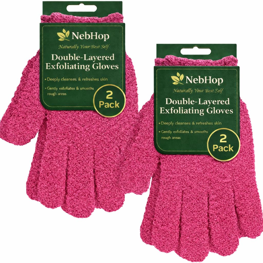 Double-Layer Exfoliating Gloves for Body Scrub – Deep Cleansing Bath Shower Gloves, Dead Skin Remover, Body Exfoliator for Smooth Skin, Reusable Spa Mitts for Men & Women, 4 Pcs, Red Pink