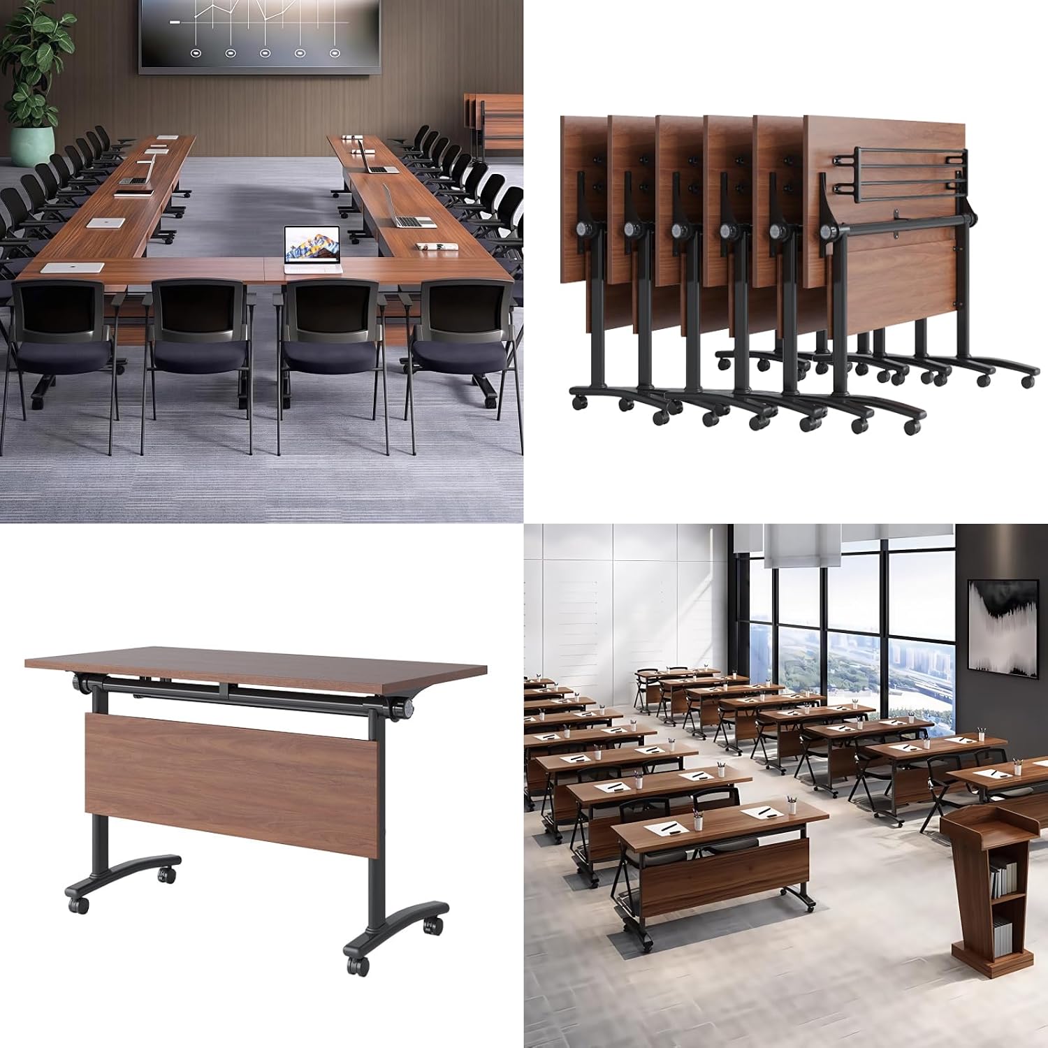 Conference Table, Folding Office Conference Room Tables on Wheels, Flip Top Mobile Meeting Training Table with White Tabletop, Rectangular Seminar Tables