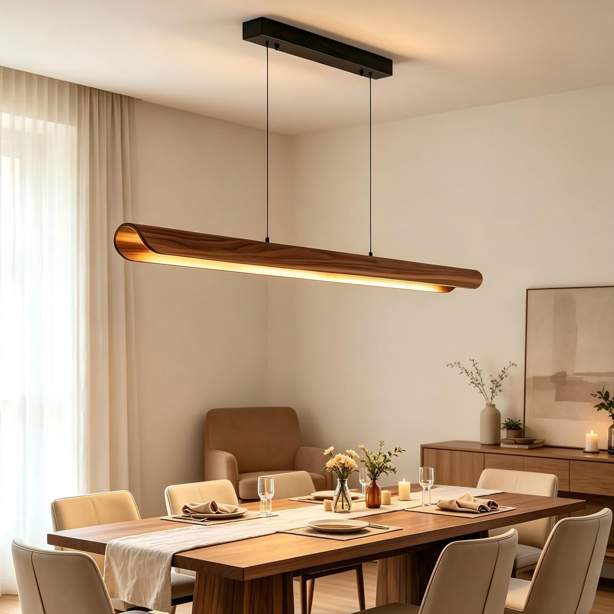 NVKE LED Pendelleuchte esstisch holz Dimmbar Linear Design Hängelampe Esstisch lampe Lineare Hängeleuchte mit Fernbedienung höhenverstellbar Kronleuchter für Esszimmer Küche Büro Lampe(100cm)