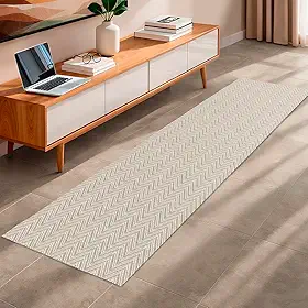 Tapete Passadeira Cozinha Corredor 0,45m X 2,00m Chevron Bege Rústico Estampa ZigZag Artesanal Tear 100% Algodão Antiderrapante Emborrachado