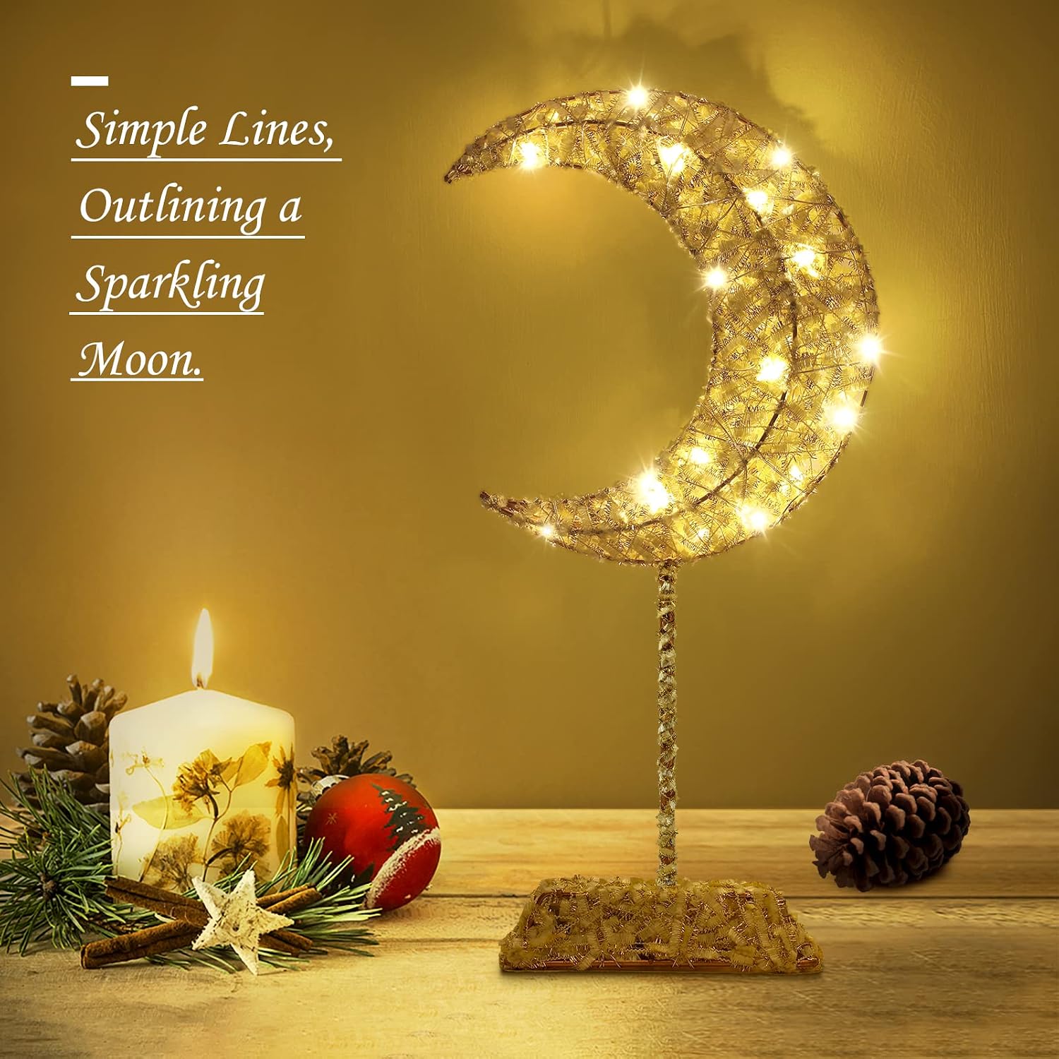 Lewondr Decorative Table Lamp, Battery Powered Moon Shape Ramadan Desk Lamp, Warm White Bright LED Light Winding Iron Frame Christmas Xmas Home Bedroom Romantic Bedside Desktop Nightstand, Gold