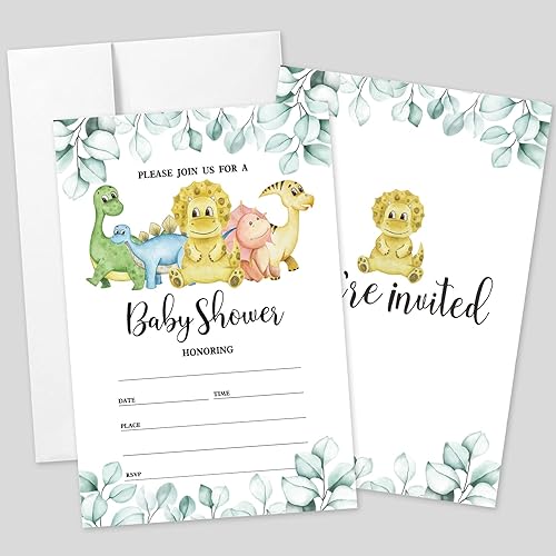 Juego de 20 invitaciones para baby shower con sobres, dinosaurios de acuarela de bosque botánico, de doble cara, impresas, tarjetas de invitación