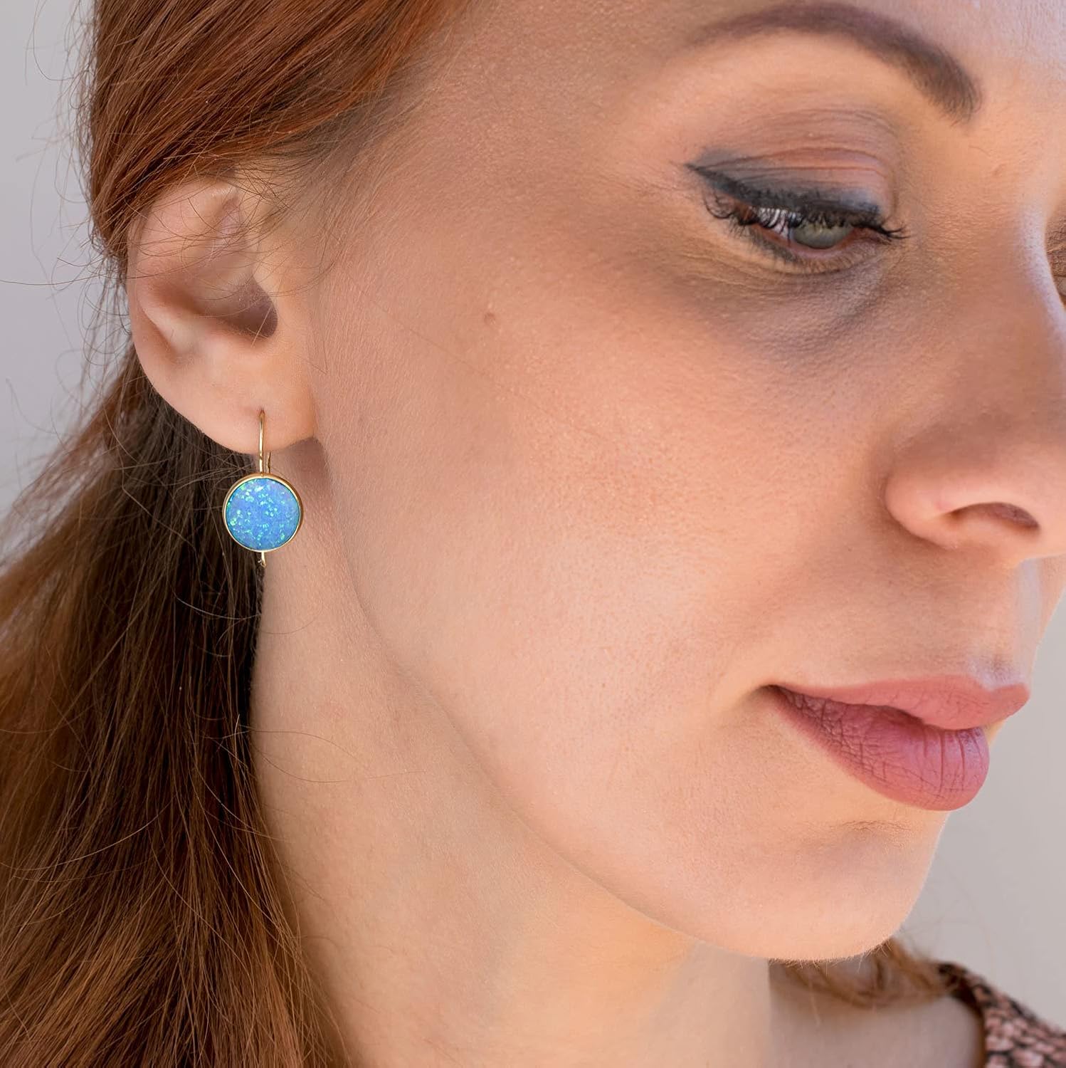 14K Gold Blue Opal Drop Earrings - Solid 14K Dainty Gold Dangle Earrings, 12mm Large October Birthstone Opal Gemstone - Handmade Wedding Jewelry for Classy Women