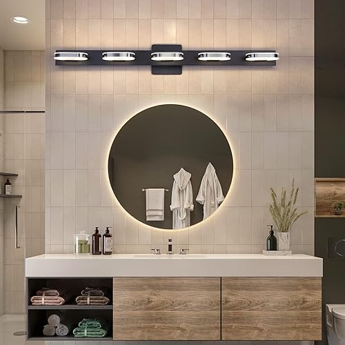 Miniatura 6 de Moderna Lámpara LED de Tocador de 5 Luces para Baño Moderna Lámpara de Tocador Fija en Pared de 33 Pulgadas Luz Blanca Natural (Negro)