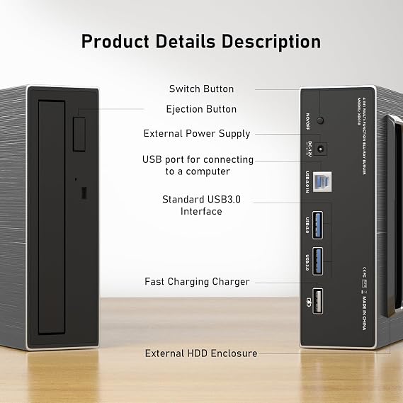 4 in 1 External Blu-ray Drive with 16x Writing Speed, USB 3.0 and Type-C External Bluray Drive for Both Mac/PC, Powerful Desktop Burner DVD Burner Optical Drive Fast Charger HDD Enclosure USB