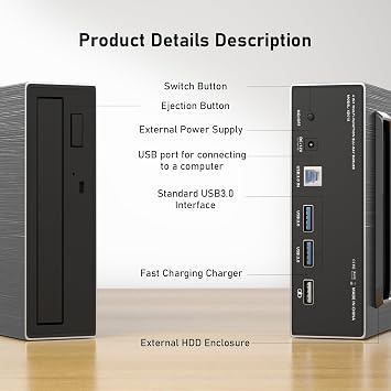 4 in 1 External Blu-ray Drive with 16x Writing Speed, USB 3.0 and Type-C External Bluray Drive for Both Mac/PC, Powerful Desktop Burner DVD Burner Optical Drive Fast Charger HDD Enclosure USB