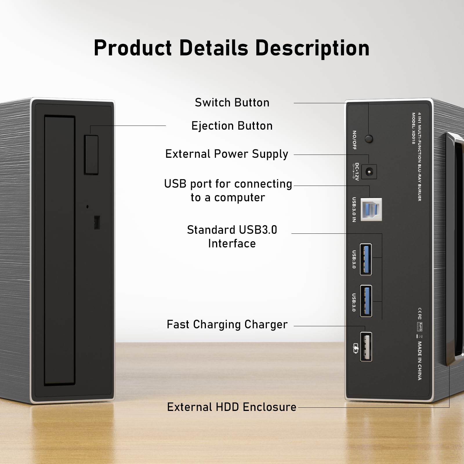 4-in-1 externes Blu-ray-Laufwerk mit 16-facher Schreibgeschwindigkeit, USB 3.0 und Typ-C externes Blu-ray-Laufwerk für Mac/PC, leistungsstarker Desktop-Brenner, DVD-Brenner, optisches