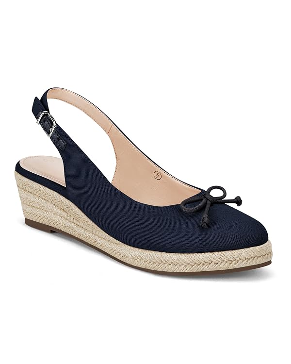 Coutgo Womens Closed Toe Espadrilles Wedges Shoes Platform Slingback Mid Low Heel Canvas Bow Dress Sandals, Navy, Size 7.5 by Coutgo - Used condition - US$34.03
