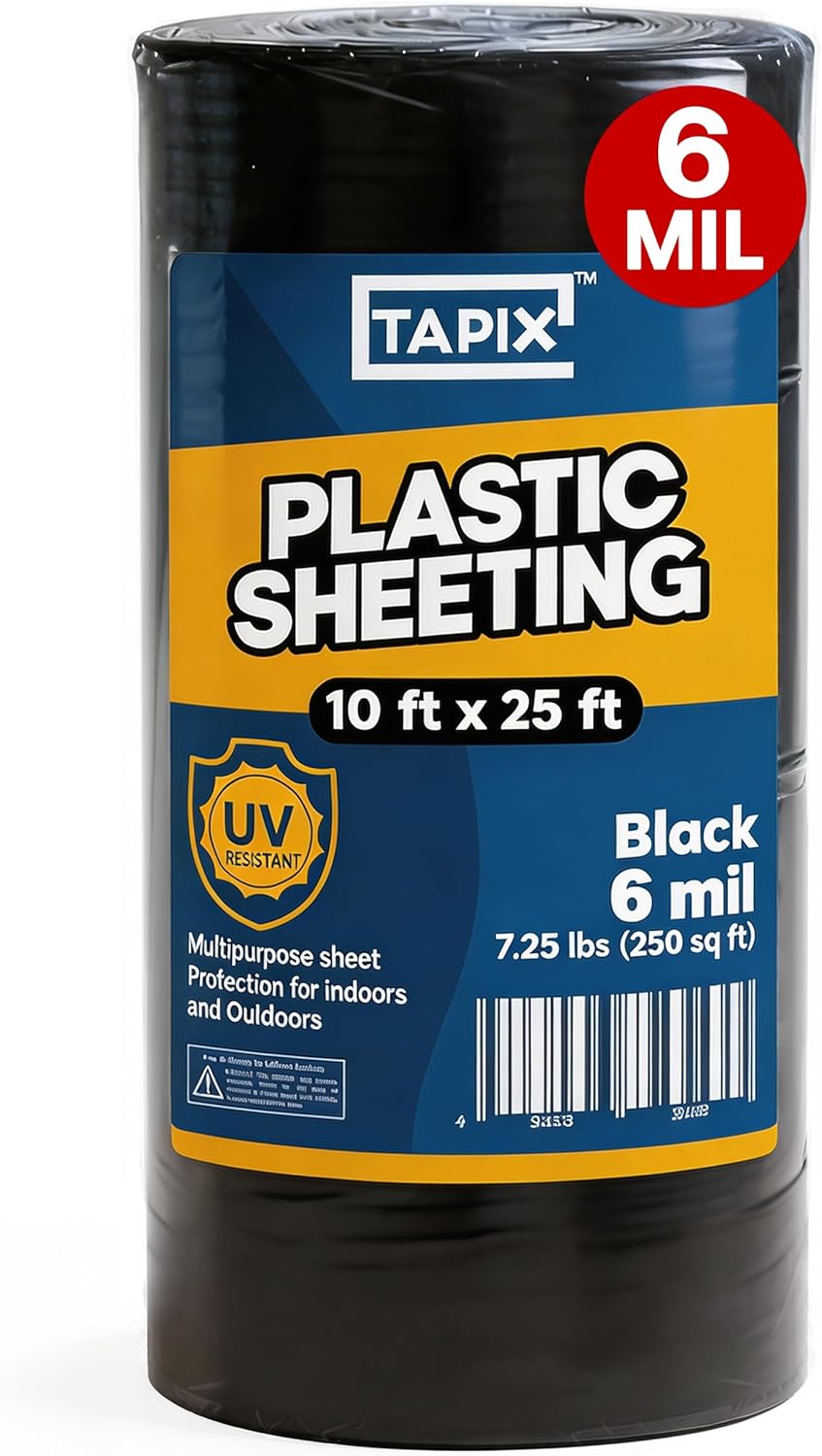 Plastic Sheeting (10' x 25') Long, 6 Mil (Black) - UV Protection Poly Sheeting Polyethylene Film, Heavy Duty Greenhouse Plastic Sheeting