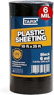 Plastic Sheeting (10' x 25') Long, 6 Mil (Black) - UV Protection Poly Sheeting Polyethylene Film, Heavy Duty Greenhouse Plastic Sheeting