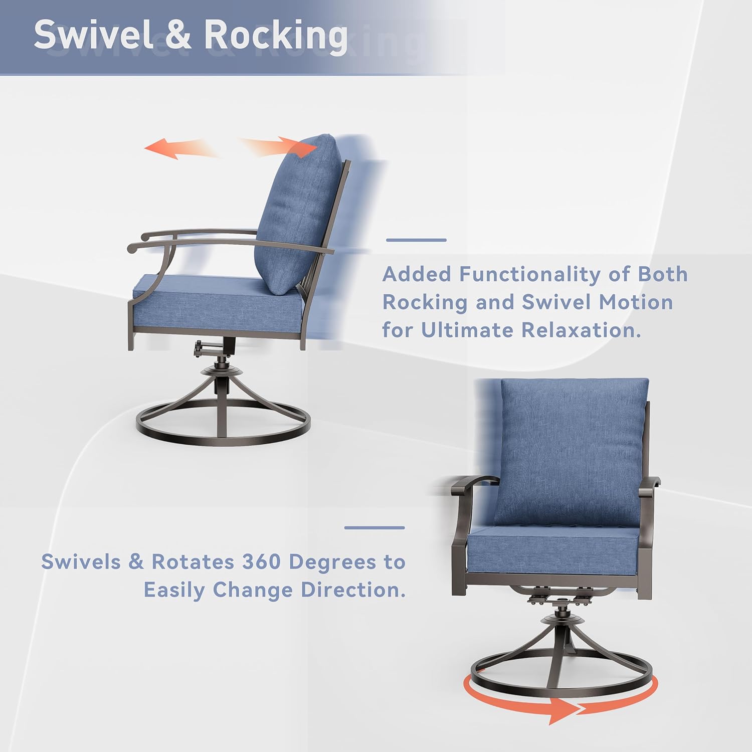 Kurapika 5 Piece Metal Outdoor Patio Furniture Set with Round Fire Pit Table, Patio Conversation Sets 4 Swivel Chairs with Thick Cushion and 40000 BTU Fire Pit Table, Navy Blue