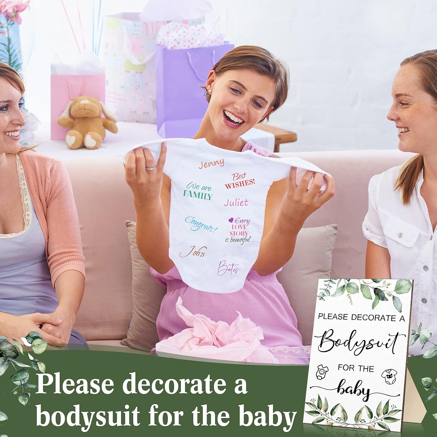 Handepo 26 Pcs Baby Shower Games DIY Bodysuit Set 1 Wooden Sign 15 White Bodysuits 10 Fabric Markers for Birth Decorating Kit(Green Leaves)