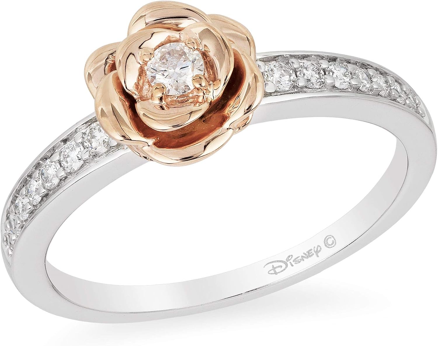 Jewelili Enchanted Disney Fine Jewelry Sterling Silver and 10K Rose Gold 1/5 Cttw Diamond Belle Rose Ring