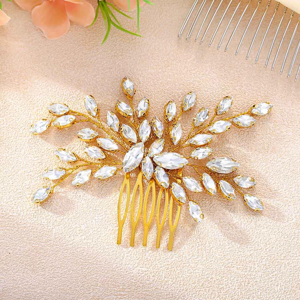 Foyte Crystal Wedding Hair Comb Gold Rhinestone Headpieces Leaf Bride Hair Pieces Bridesmaid Side Hair Combs for Women and Brides (gold) - Image 2