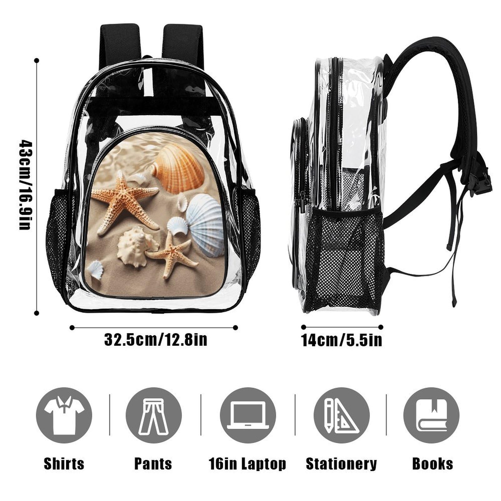 Transparenter Rucksack mit Muscheln, Seestern, groß, transparent, PVC, Büchertasche für Sicherheit, Arbeit, Reisen, Stadion