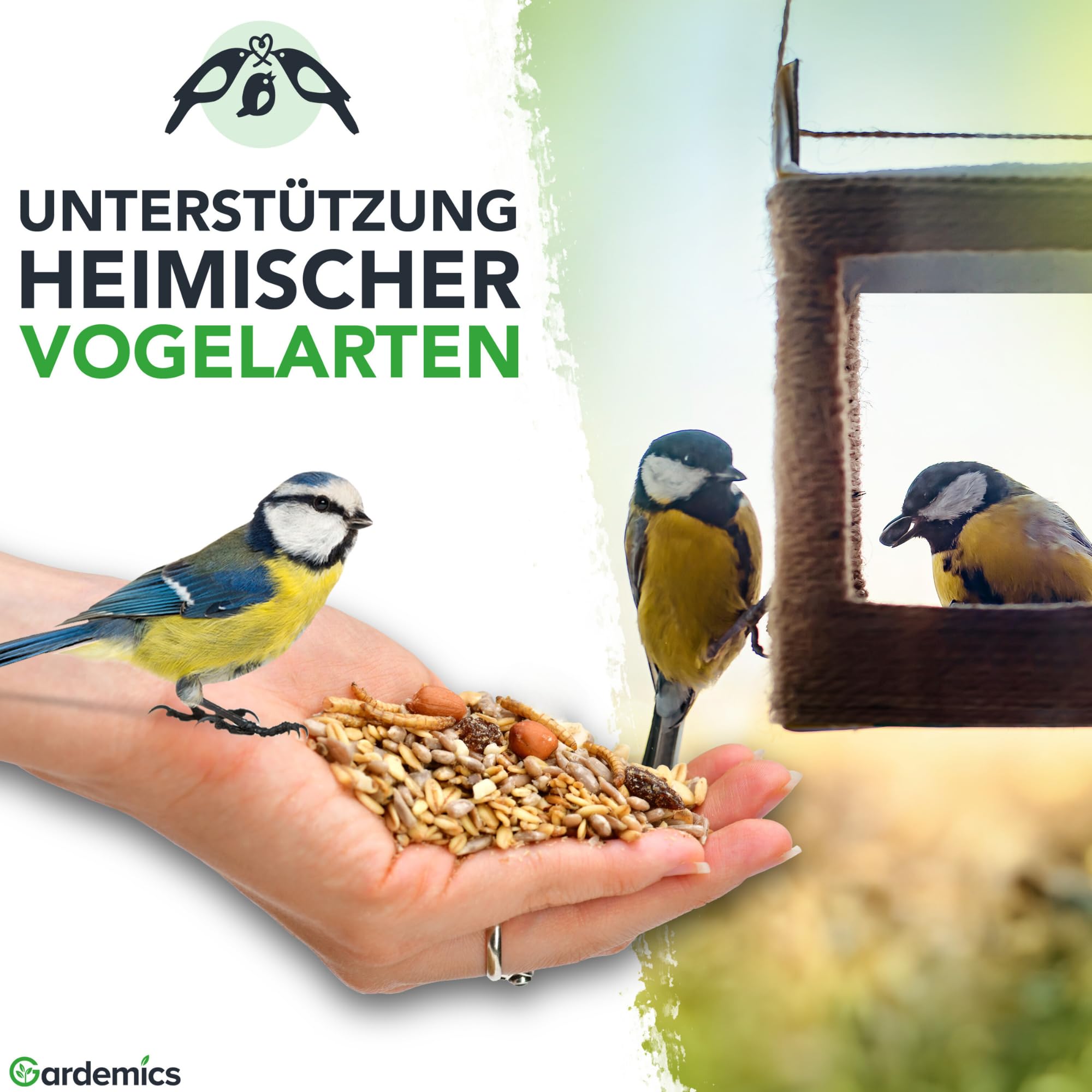 Gardemics Vogelfutter Wildvögel ganzjährig 10 Kg - Mit Mehlwürmern - Premium Protein Wildvogelfutter Ganzjahresfutter für Artenvielfalt im Garten