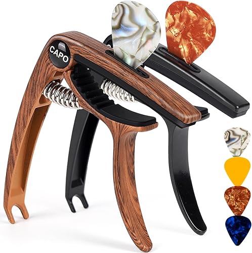 Vista 18 de AARVI Cejilla de guitarra de 6 cuerdas para guitarras acústicas y eléctricas, abrazadera universal con 4 púas premium, compatible con ukelele, Negro