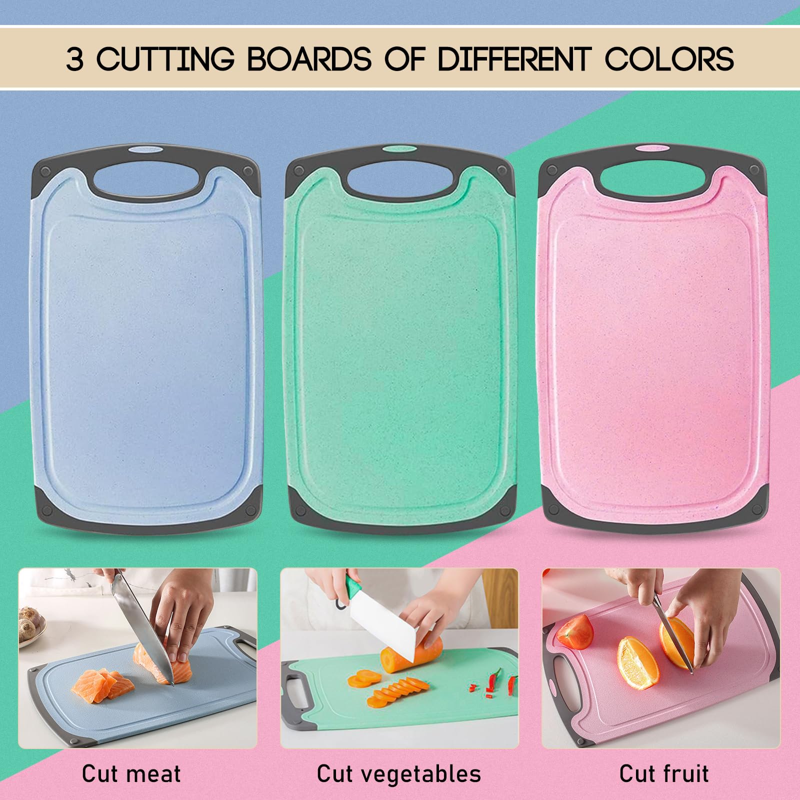 Glotoch Schneidebretter Set Aus Weizenstroh - 3 Stück, 40,6x25,4 Cm, Spülmaschinenfest & Rutschfest | BPA-frei Mit Lebensmittel-Symbolen