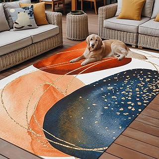 Outdoor Area Rug for Patio, Abstract Boho Geometric Line Camping Rugs Indoor Large Floor Mat 5x8ft, Ombre Navy Blue Burnt Orange Outside Carpet for Deck RV Picnic Porch Backyard Bedroom