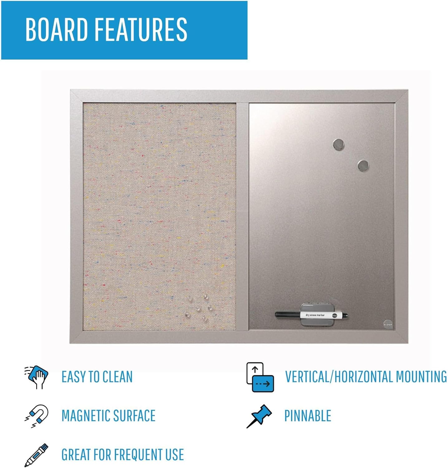 MasterVision Combination Board, 18" x 24", Dry Erase Magnetic Board & Grey Fabric Bulletin Board Combo, Grey MDF Frame Small