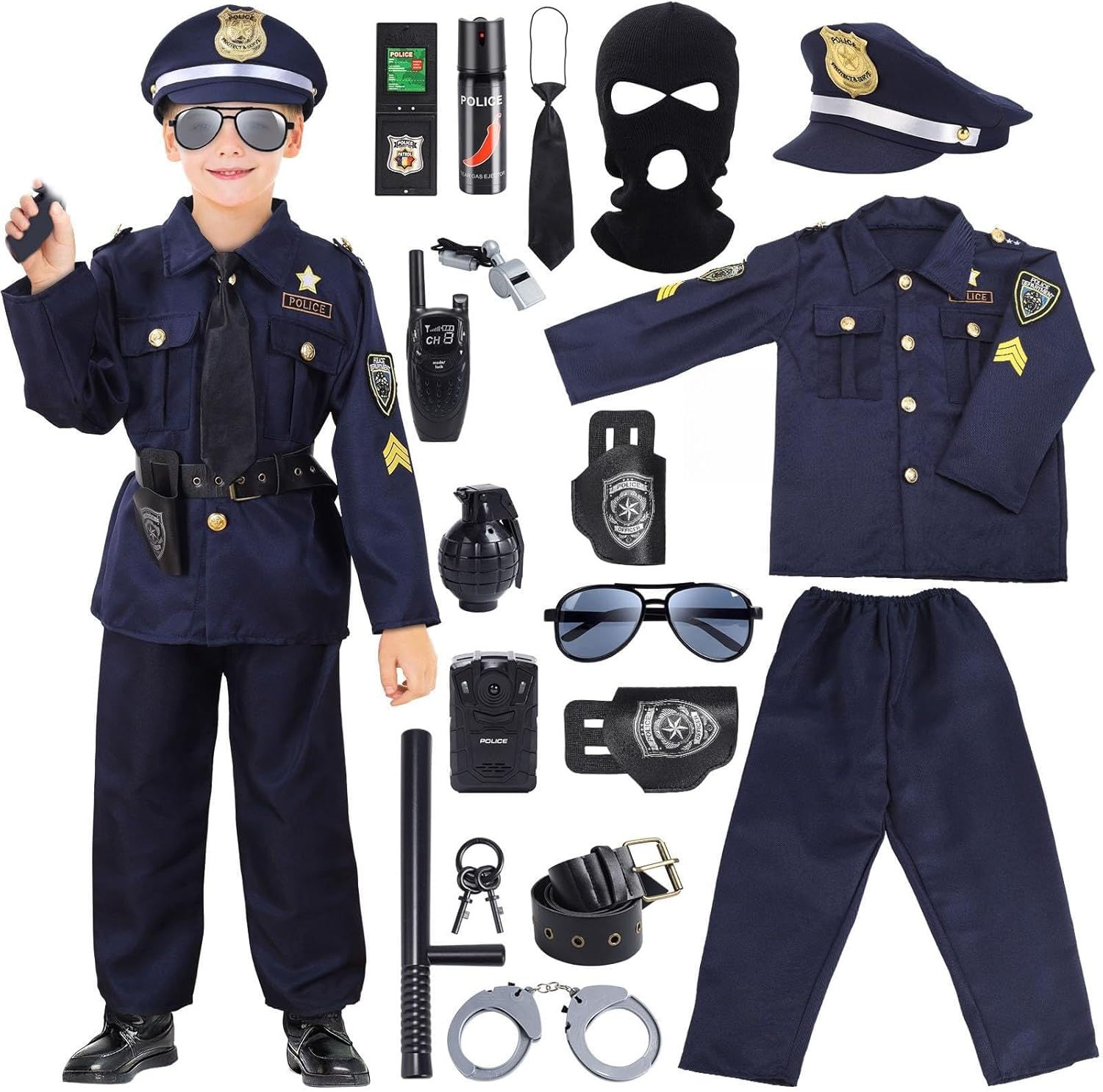 Skirfy 16PCS Police Costume for Kids,Police Officer Costume for Kids,Kids Cop Costume Role Kit, Kids Halloween Costume
