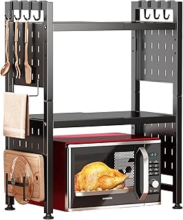 Adjustable Microwave Stand,Microwave Oven Rack Shelf Heavy Duty 3-Tier Shelf with 9 Hooks for Kitchen Shelves Counter Top Organizer, Holds 180lbs Bakers Racks for Kitchens,with Cutting Boards Stand