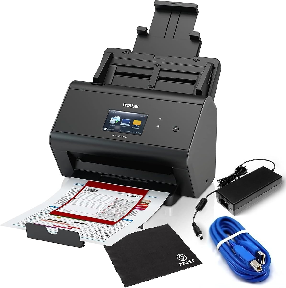 Brother Scanner ADS-2800W Bundle - Escáner de documentos de alto volumen con cable USB A/B y paño de microfibra - Renovado - Escáner de escritorio profesional para computadoras - Conectividad inalámbrica de alta velocidad (renovado)