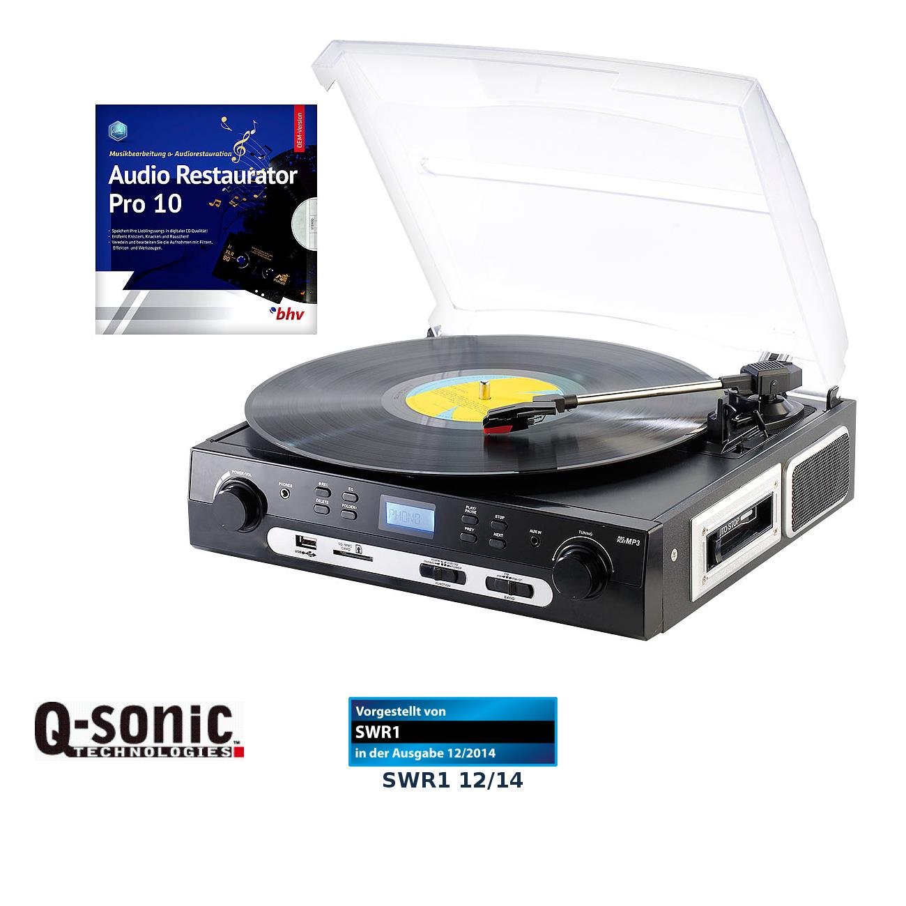 Q-Sonic Schallplattenspieler: Schallplatten- und MC-Digitalisierer + Audio Restaurator Pro 11 (Kassettendeck, MP3 Plattenspieler, HiFi)