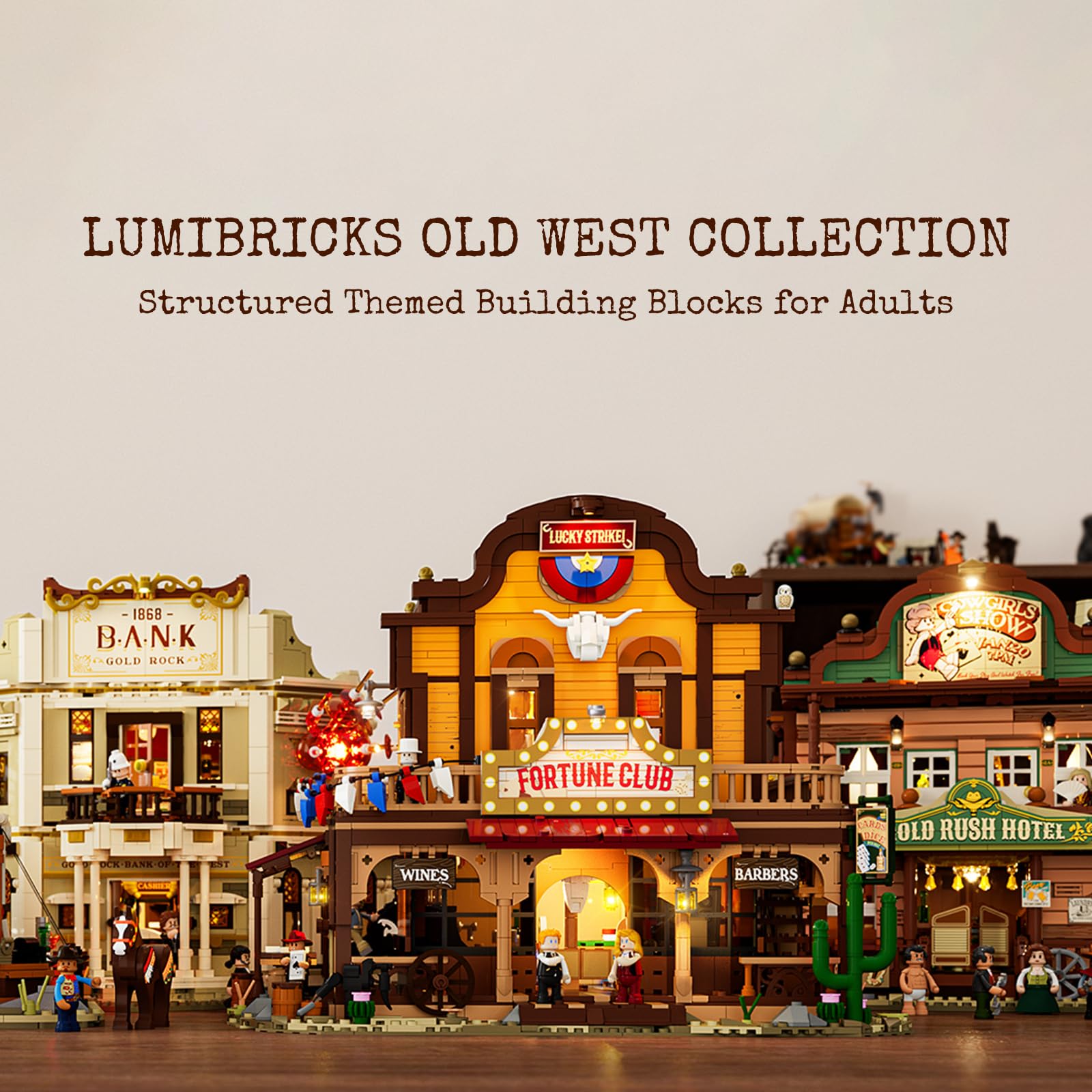 LUMIBRICKS Western Lucky Saloon zestaw klocków zaciskowych LED, 2200 elementów, modułowy budynek Wild-West, model z oświetleniem, podwójna struktura wewnętrzna, tajne przegródki i bogata w szczegóły