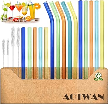 Glass Straws Drinking Reusable Colorful 19 Pack,Size 8.5x10MM,8.5x8MM and 6x10MM,Glass Straws Shatter Resistant Including 10 Straight and 5 Bent with 4 Brushes,Reusable Straw for Cocktail