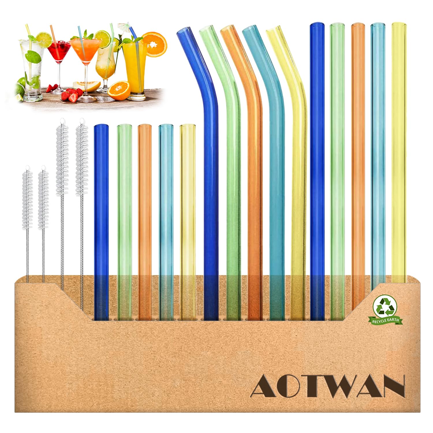 Glass Straws Drinking Reusable Colorful 19 Pack,Size 8.5''x10MM,8.5''x8MM and 6''x10MM,Glass Straws Shatter Resistant Including 10 Straight and 5 Bent with 4 Brushes,Reusable Straw for Cocktail