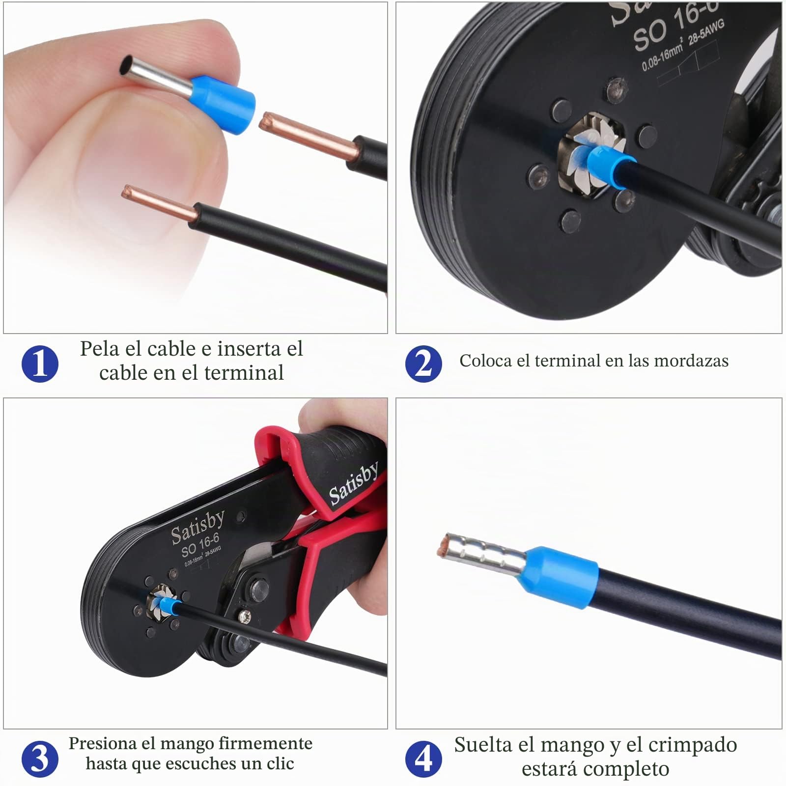 Crimpadora de Terminales Alicates 0.08-16mm²/AWG28-5 & 30PCS 16mm² Conectores/crimpadora punteras 16mm, Alicates de Terminales