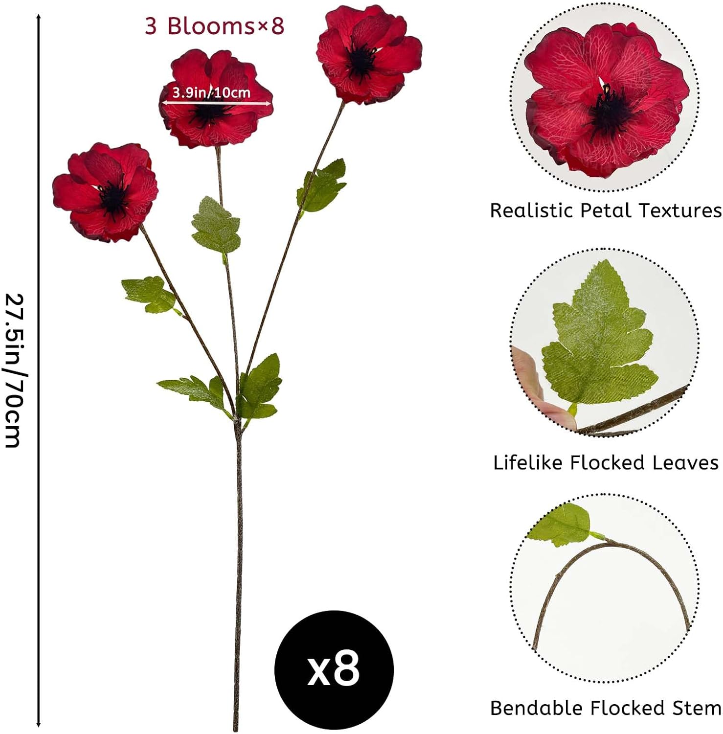 SNAIL GARDEN 24 Blooms Artificial Poppy Flowers, 8PCS Long Stem Red Faux Poppies, 27.5"/70cm Silk Poppy Flowers with Stems,Red Poppies for Memorial Day Wedding Home Decor Office Party Centerpieces