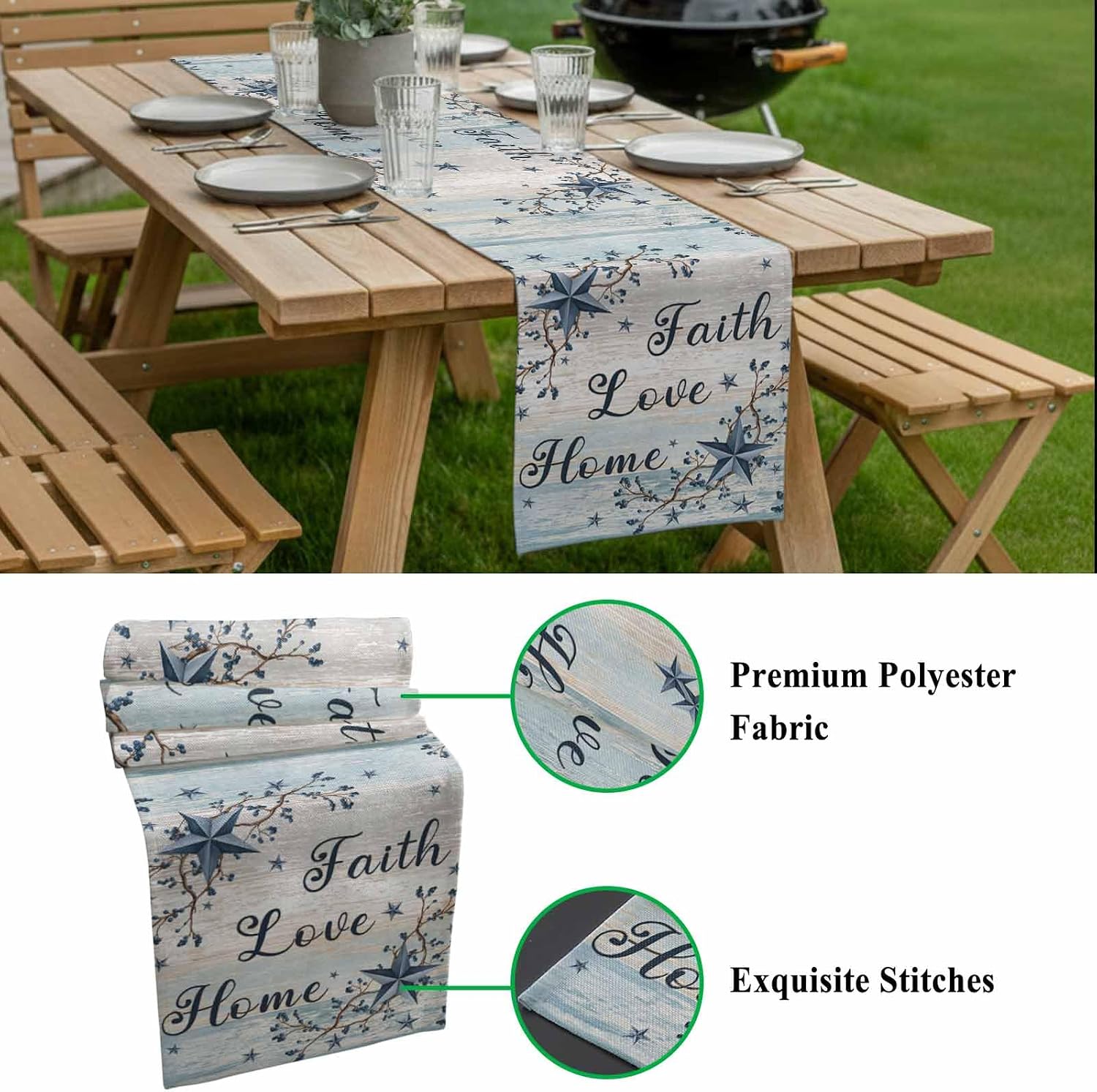 Blue Texas Star Table Runner 13 x 120 Inch, Vintage Berry Faith Love Home Blue Khaki Wood Grain Washable Cotton Linen Dining Table Runner Tabletop Decorations for Restaurant Home Kitchen Party