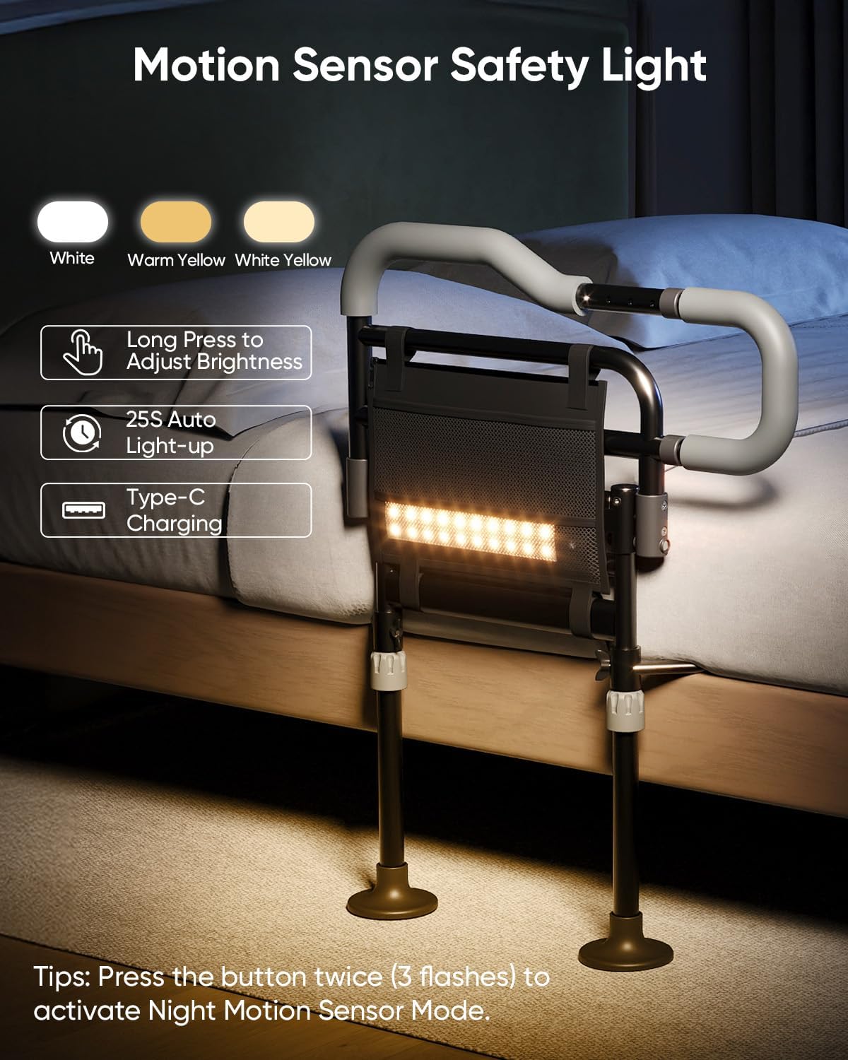 Bed Rails for Elderly Adults Safety, 180° Foldable Bed Assist Rails for Seniors, Non-Slip Handle & Suction Feet, Height Adjustable Bed Cane, Motion Sensor Light, FSA,HSA Eligible, Fits 7-13" Mattress