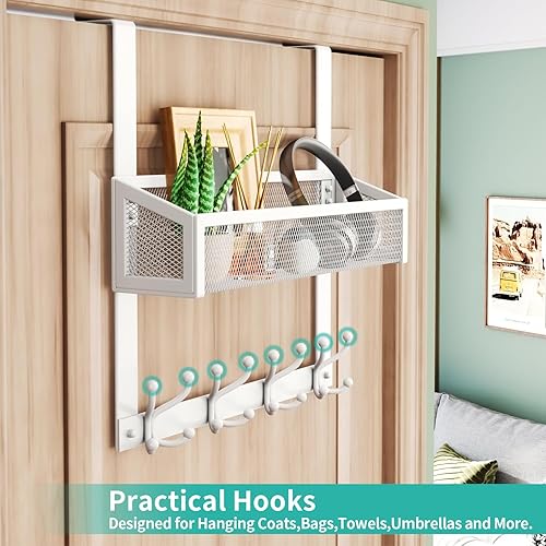 Miniatura 63 de HapiRm Gancho para puerta con 2 cestas de malla y 9 ganchos, acero inoxidable 304 sin perforaciones sobre el colgador de puerta, organizador